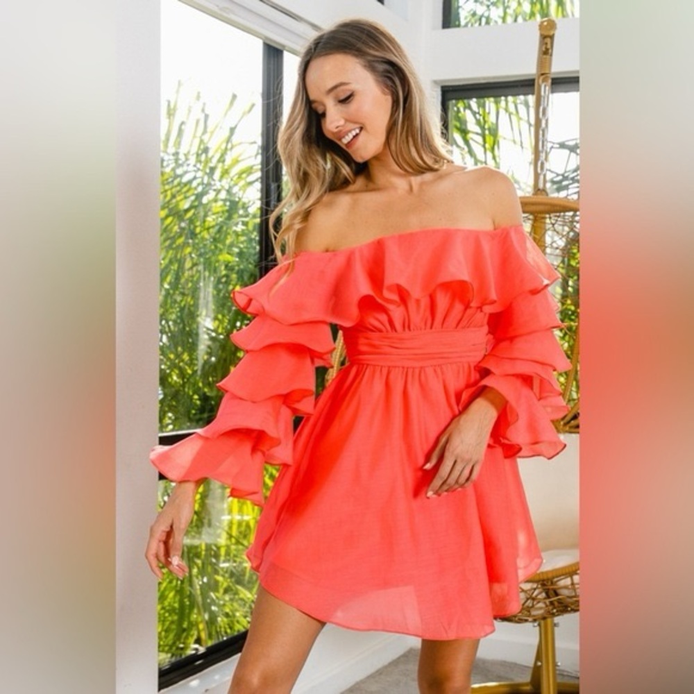 BiBi Vibrant Coral Ruffle Mini Dress